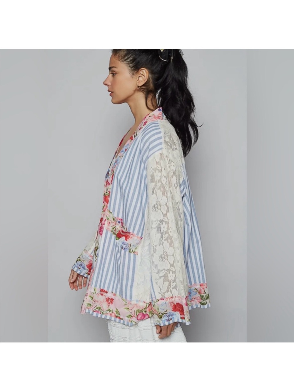 POL Stripe Floral Lace - Open Cardigan Small - Picture 3 of 8